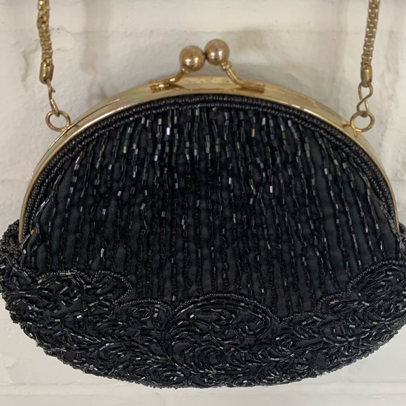 Vintage Black Beaded Evening Clutch Purse w/ Chain - Picture 4 of 10